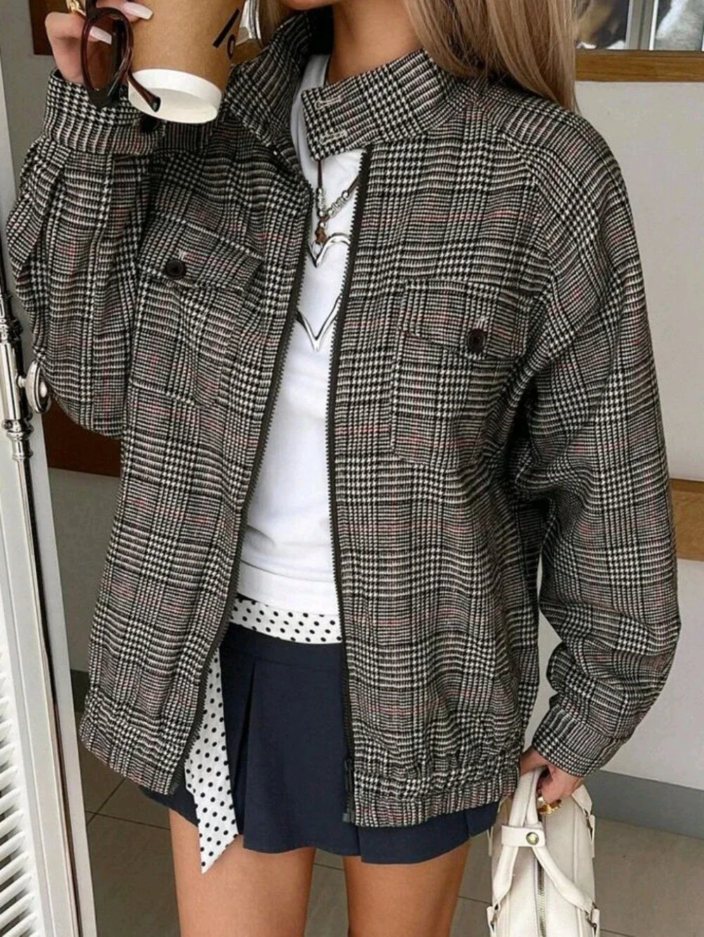 Women's Plaid Zipper Casual Versatile Daily Travel Long Sleeve Jacket